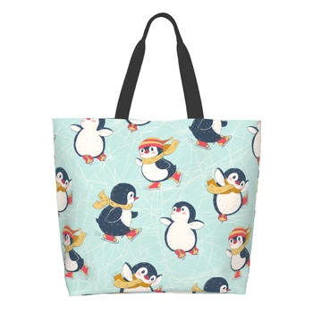 Чанта за пазаруване с удоволствие пингвини, множество чанта за каране на кънки на лед с пингвини, чанта за рамо със собствени пингвини, ежедневни Лека чанта с голям капацитет