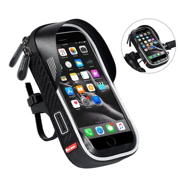 Чанта за телефон за велосипед, преносим водоустойчив чантата си, здрава предната рамка с прозорец, двоен цип, комплект отвори за слушалки