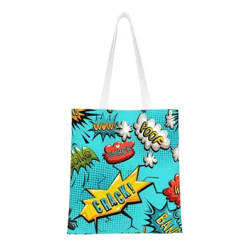 Чанта-тоут за пазаруване в стила на супергерой от картун аниме, кавайный комикс, поп-арт, експлозии, холщовая пазарска чанта на рамото, чанта