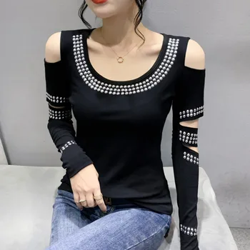 Черна тениска с открити рамене, женска тениска с кръгло деколте и нитове в стил пънк, къса градинска облекло в стил хип-хоп, женска тениска с дълъг ръкав, выдалбливают памук