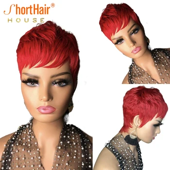 Човешката коса в червено, късо почиства перуки Боб с бретон, бразилски директен натурален цвят с бретон за черни жени, машинен перука