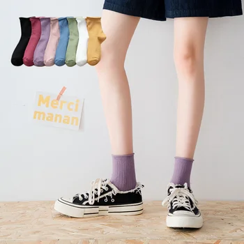 Чорап женски памук всекидневни женски, дамски трикотаж носочные изделия Модерен, със стил колеж харадзюку, стръмни, обикновен, корейски, японски, кратък чорап