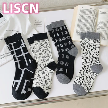 Чорапи Унисекс с френски принтом райе, дишащи памучни женски Или мъжки чорапи със средна дължина, креативни и висококачествени чорапи носочные на продукта