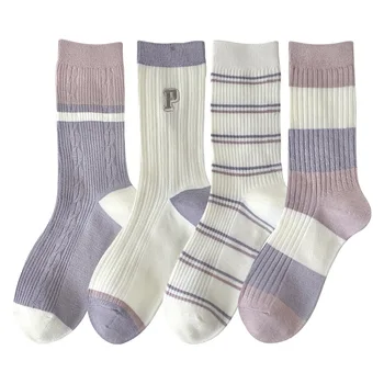 Чорапи на райета, пролет-лято тънки стилни малки чорапи с лилаво дрямка, чорапи с бродерия ins, чорапи с бродерия на вятъра, от чист памук, със средна дължина, soc