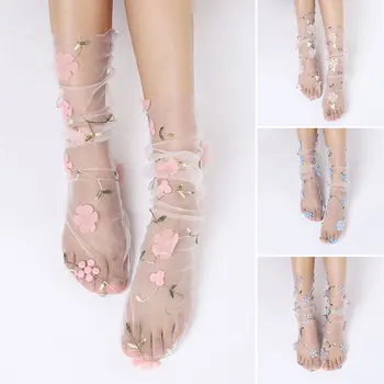Чорапи с цветен модел, дамски чорапи с хубав цветен модел на корейския японски стил Harajuku, дишащи чорапи от шифоновой мрежа за дамите, прозрачни секси чорапи