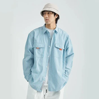 Японската риза на райета, мъжки синя свободна, нова, с дълги ръкави, обикновена, в ретро стил унисекс, студентски риза