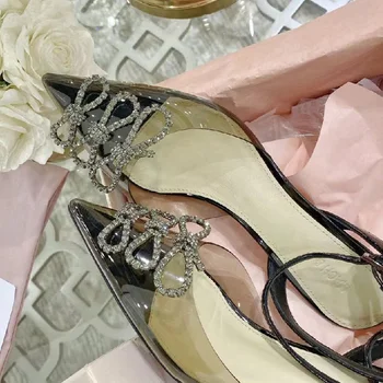 сватбени обувки на тънък висок ток 8,5 см, женски пикантни обувки за партита с остри пръсти, прозрачни кристали от PVC, кристална носи вратовръзка, обувки-лодка на висок ток