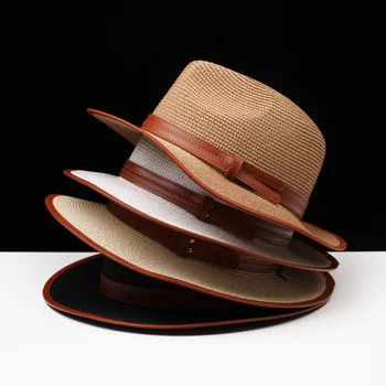 слама фетровая шапка, цилиндър, унисекс, шапка с кожена лента, фетровая шапка, фетровая шапка от слънцето, модни плажна шапка, направо шапка