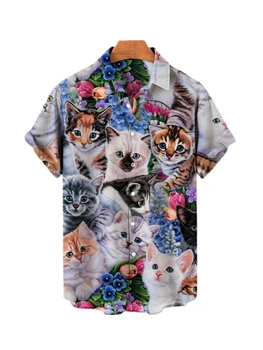 хавайска риза с 3D принтом и ревери, мъжки ежедневни блузи с къс ръкав в стила аниме, мъжка риза с анимационни герои, лятна мъжки дрехи, улично ретро Домашни котки