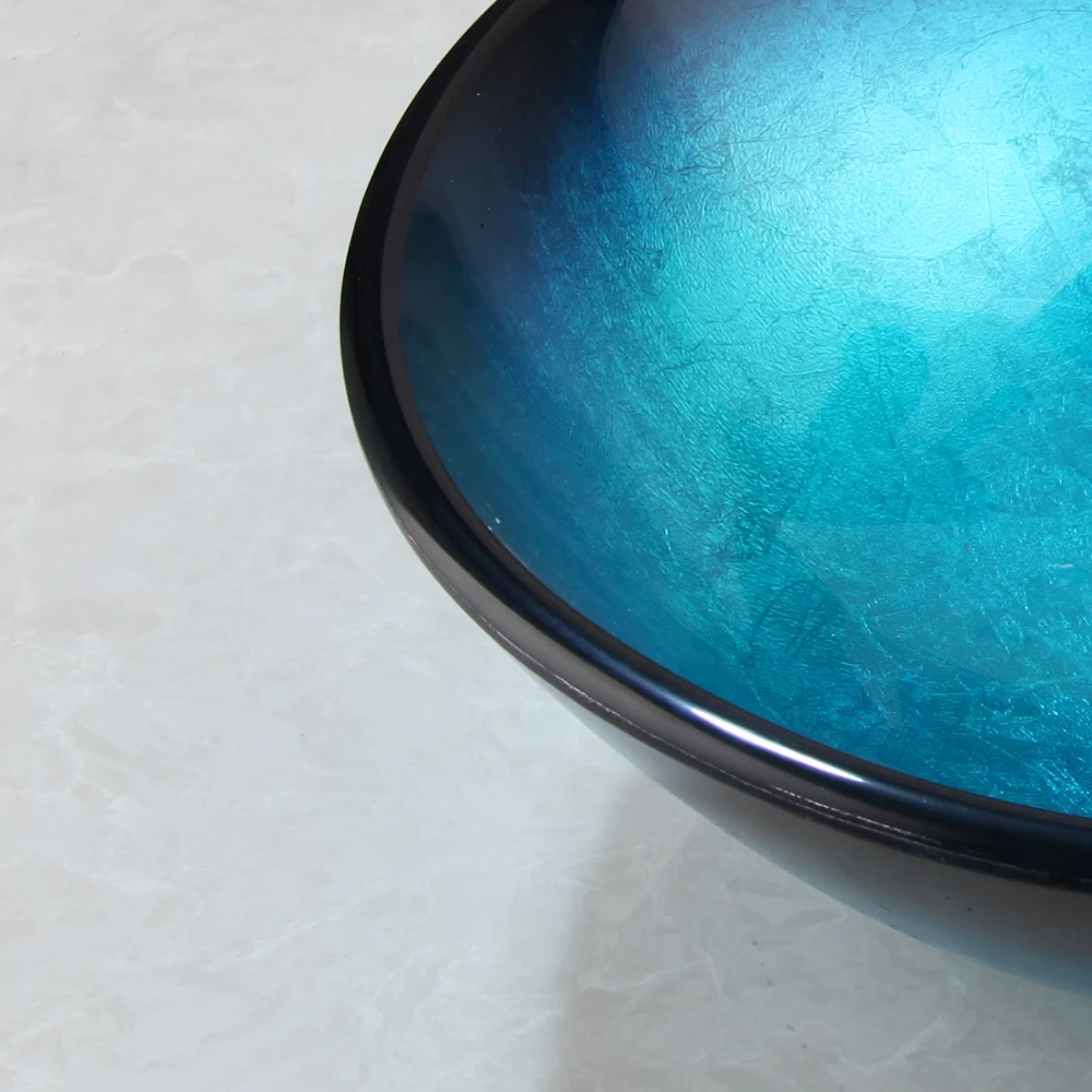 СИНЛАКУ, синьо Комплект за баня от закалено стъкло, през цялата мивка, монтирани на бортике С матово черен смесител за топла и студена вода с една дръжка
