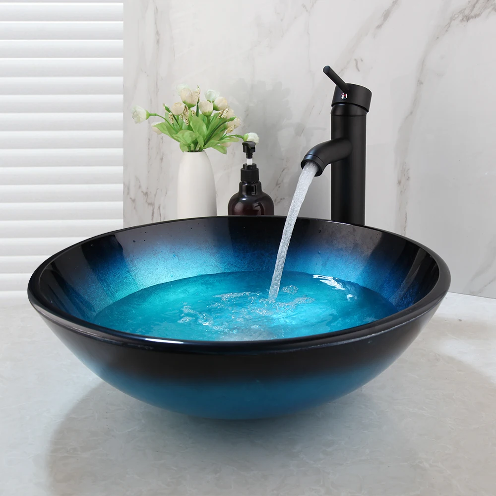 СИНЛАКУ, синьо Комплект за баня от закалено стъкло, през цялата мивка, монтирани на бортике С матово черен смесител за топла и студена вода с една дръжка