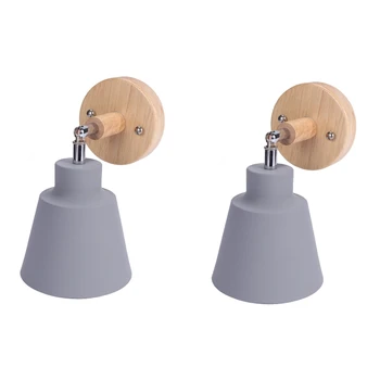 2X Скандинавски дървен стенен лампа, нощна лампа, стенни лампи, монтиран на стената лампа за спалня, коридор с превключвател на светкавица, свободно въртящи се (сив)