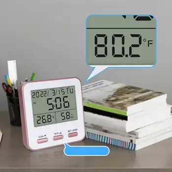 Вътрешен дигитален термометър, влагомер, функция часа, измерване на температура и влажност на големия екран с нощно осветление