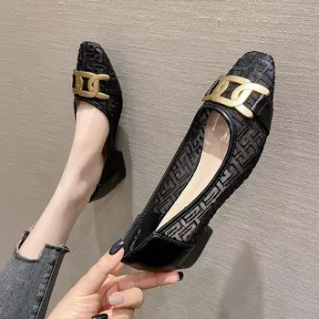 Летни дамски обувки на равна подметка 2023 г., нова метална пуговица с фин деколте и голяма квадратна глава, модел обувки от дишаща мрежа на ниски токчета, сандали