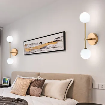 Модерният Led, с монтиран на стената лампа Nordic creative за спални, хол, коридор, стълбище, прикроватной нощни шкафчета, млечно Стъкло, на Кръгла Топка, Златен стенни аплици, Декор
