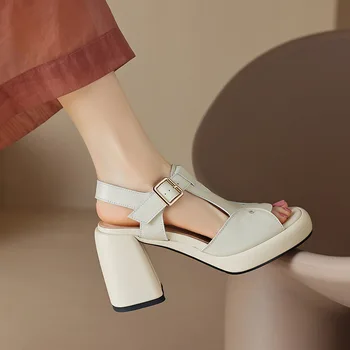 Модни дамски сандали от естествена кожа Phoentin, висококачествени дамски обувки на платформа, тенденция 2023 г., сандали на висок масивна ток FT2380