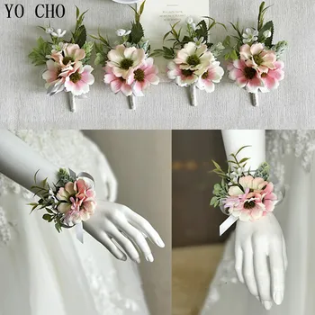 Сватбена гривна-корсаж на китката, изкуствени Цветя за шаферките, жени-boutonniere за младоженеца, сватбена копринени цветя corsages