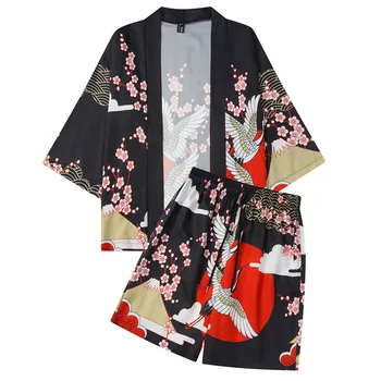 Традиционно кимоно с флорални принтом Журавля, къси панталони, мъжка жилетка с шарките на аниме, плажен комплект юката, японски костюм харадзюку, cosplay самурай Хаори